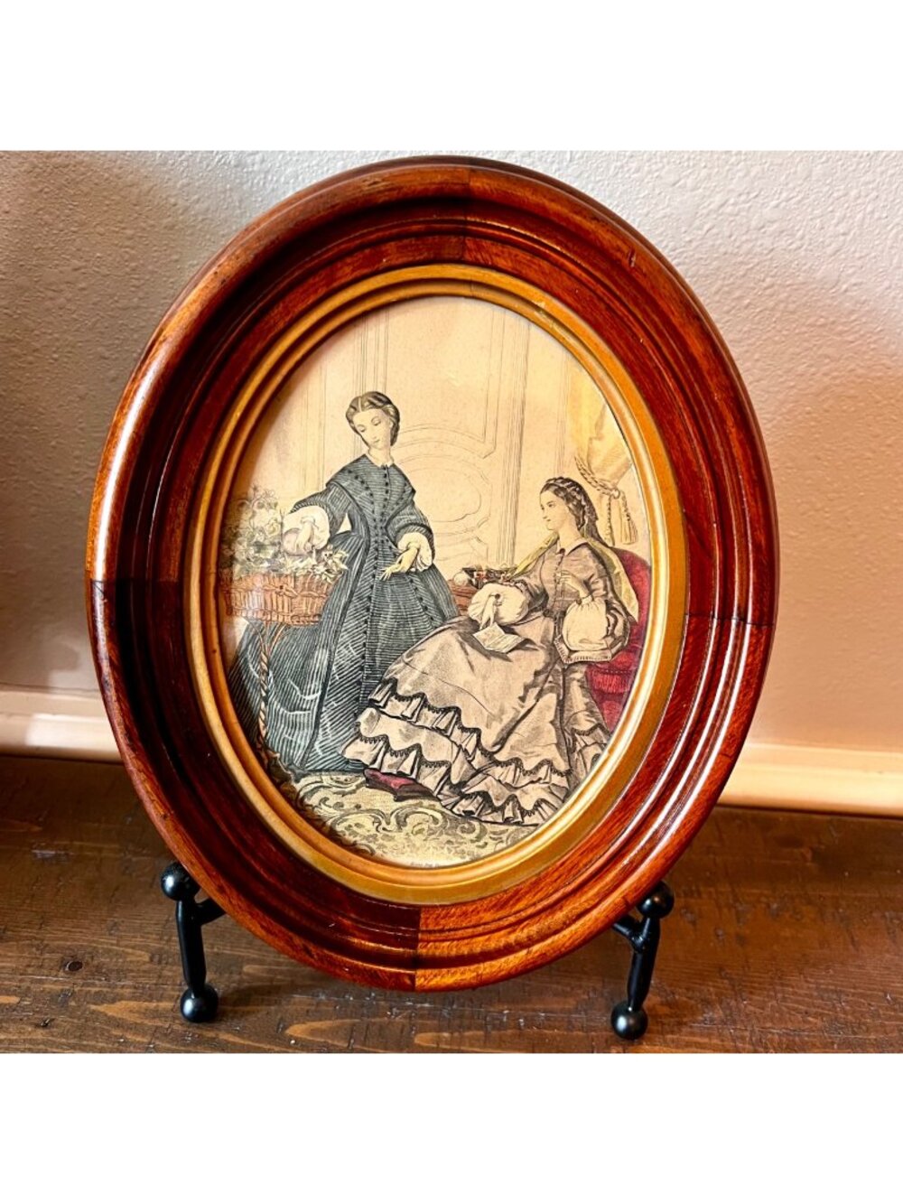 Vintage Oval 19th Century French Fashion Print La Mode Illustree In Antique Wood